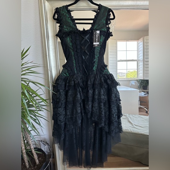 BURLESKA GOTHIC OPHELIE VAMPIRE WEDDING PROM GREEN BROCADE CORSET DRESS - Picture 4 of 12